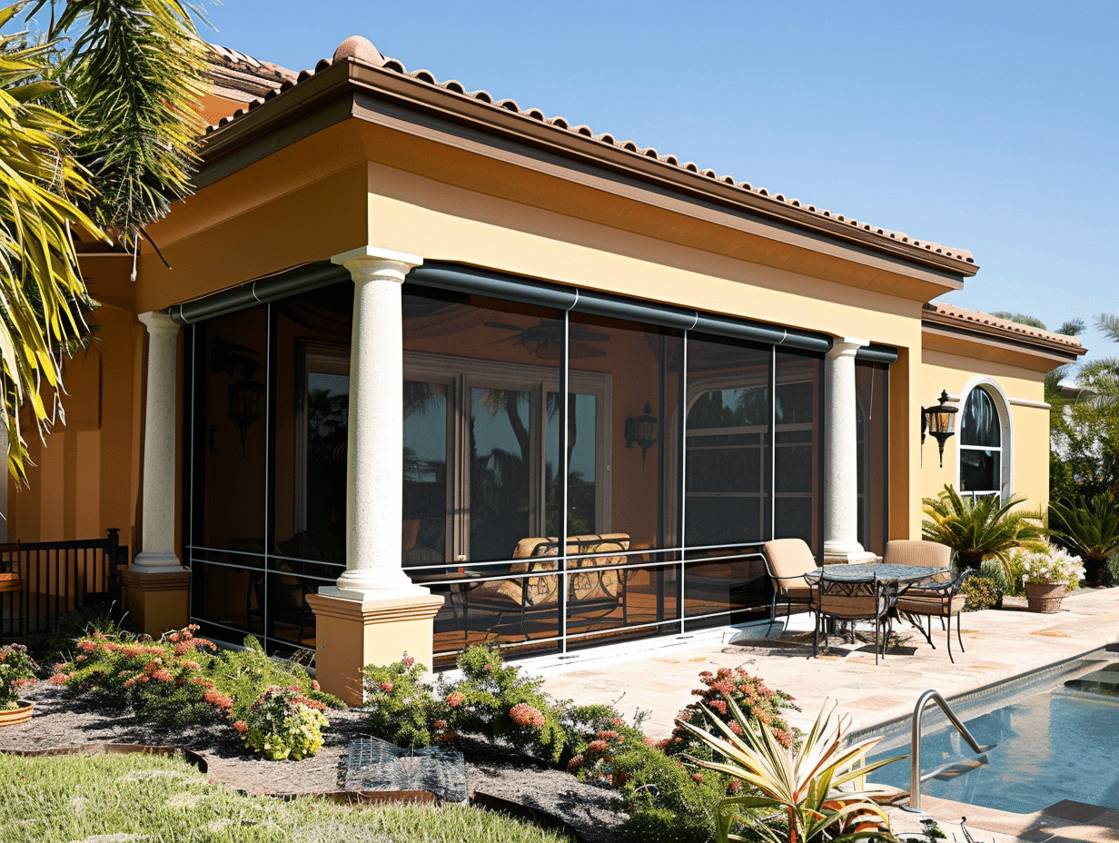 exterior sun control a house with a pool and a large front yard