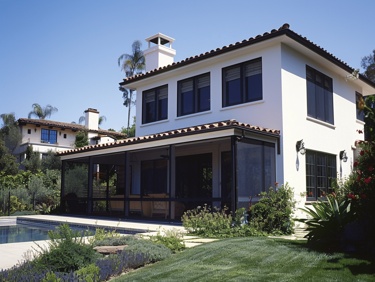 exterior sun control a spanish style house with a pool