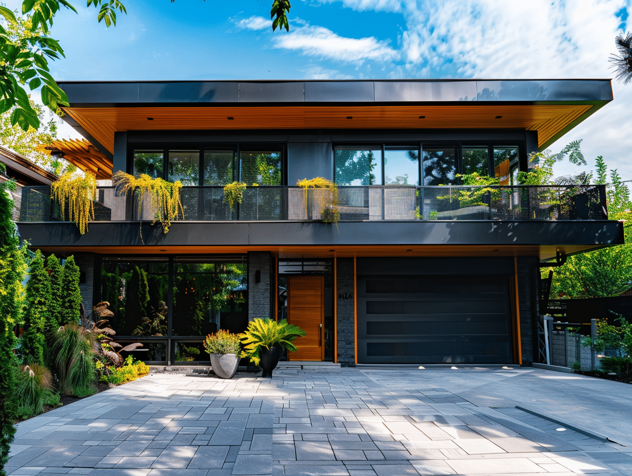 garage door screens a house with a patio and a brick patio