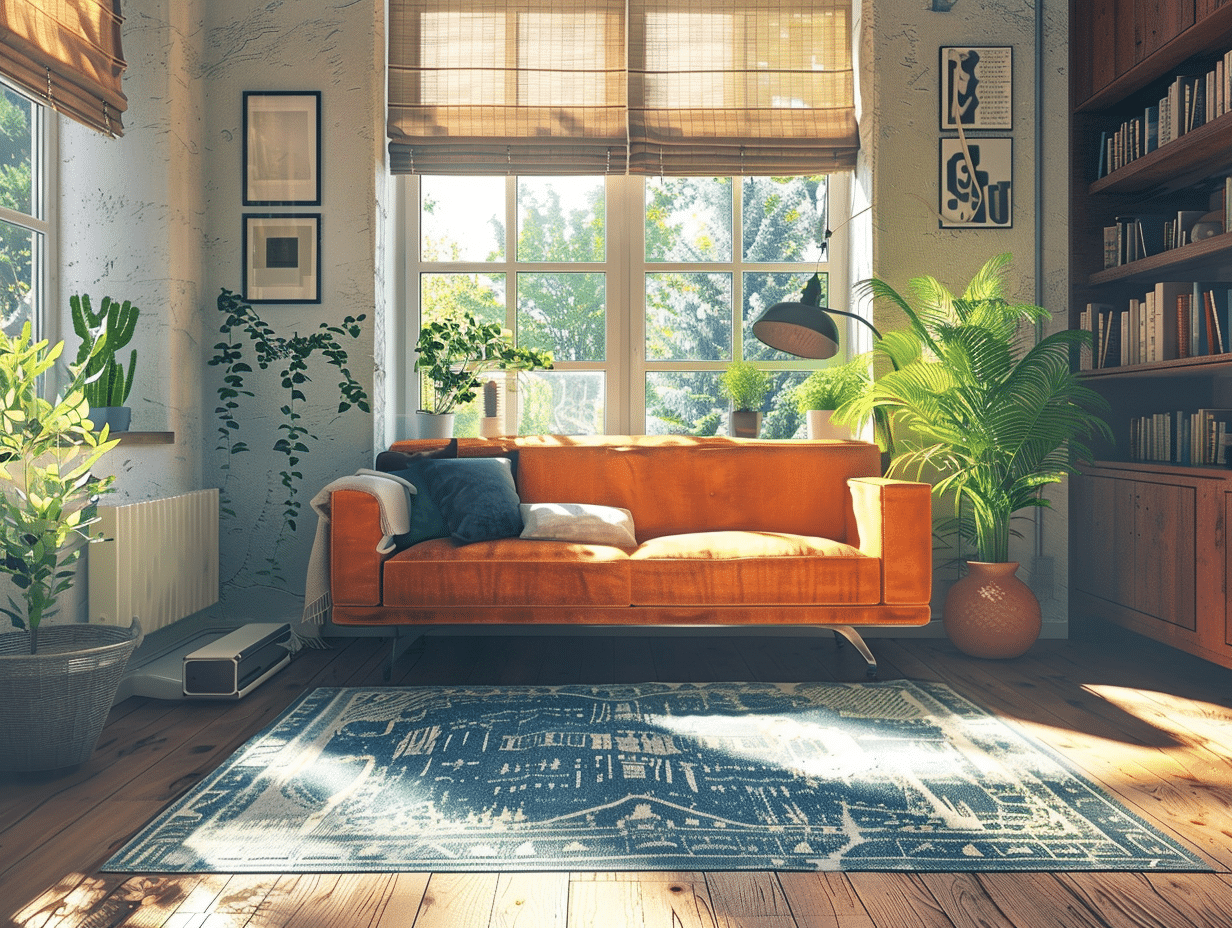 interior shades a living room with a couch and bookshelves