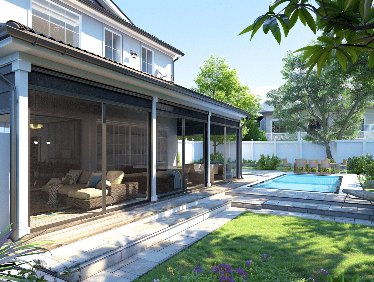 porch and patio a house with a pool